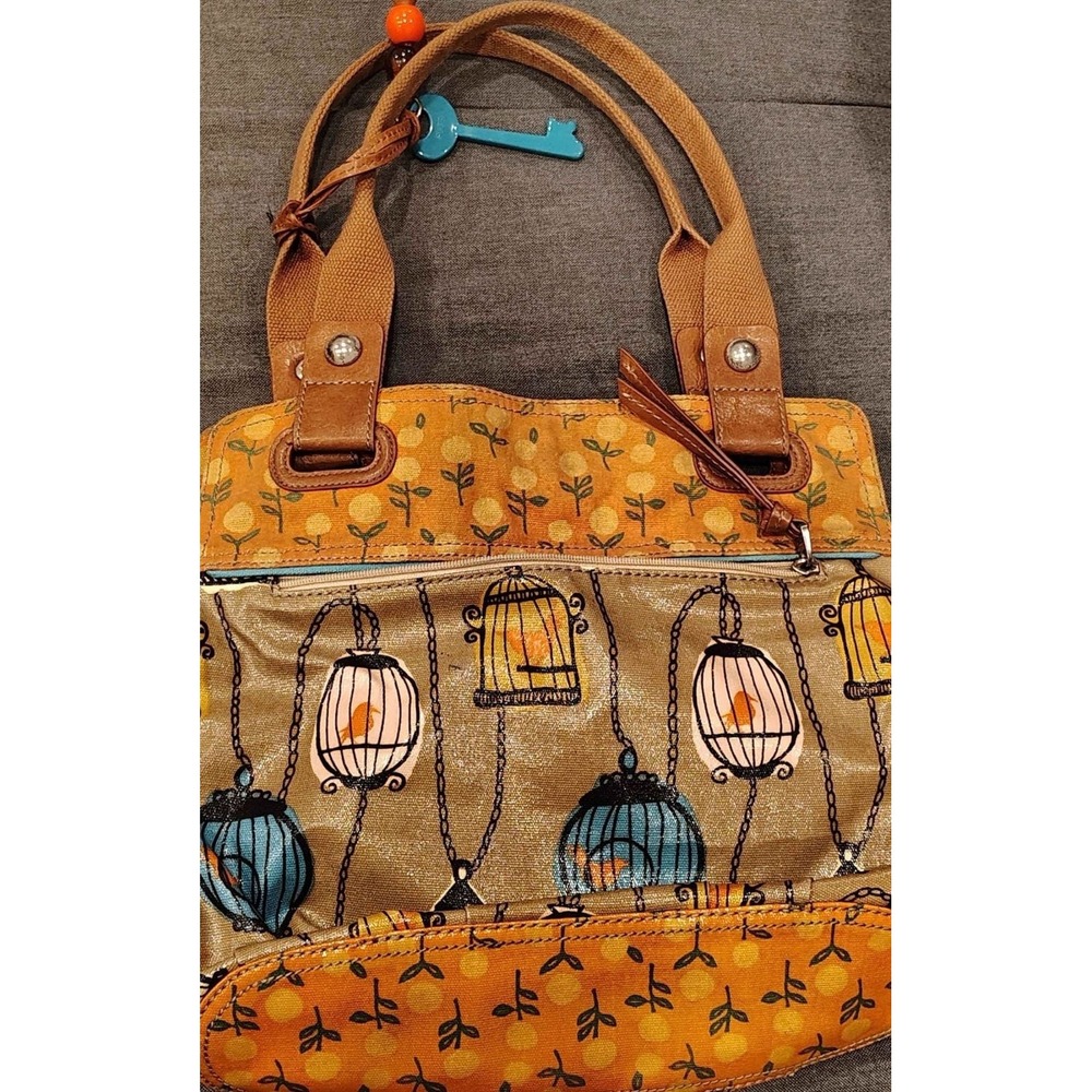 Fossil Key-Per Coated Canvas Tote Bag Birdcage Floral Print Orange Blue Vintage - Picture 2 of 5